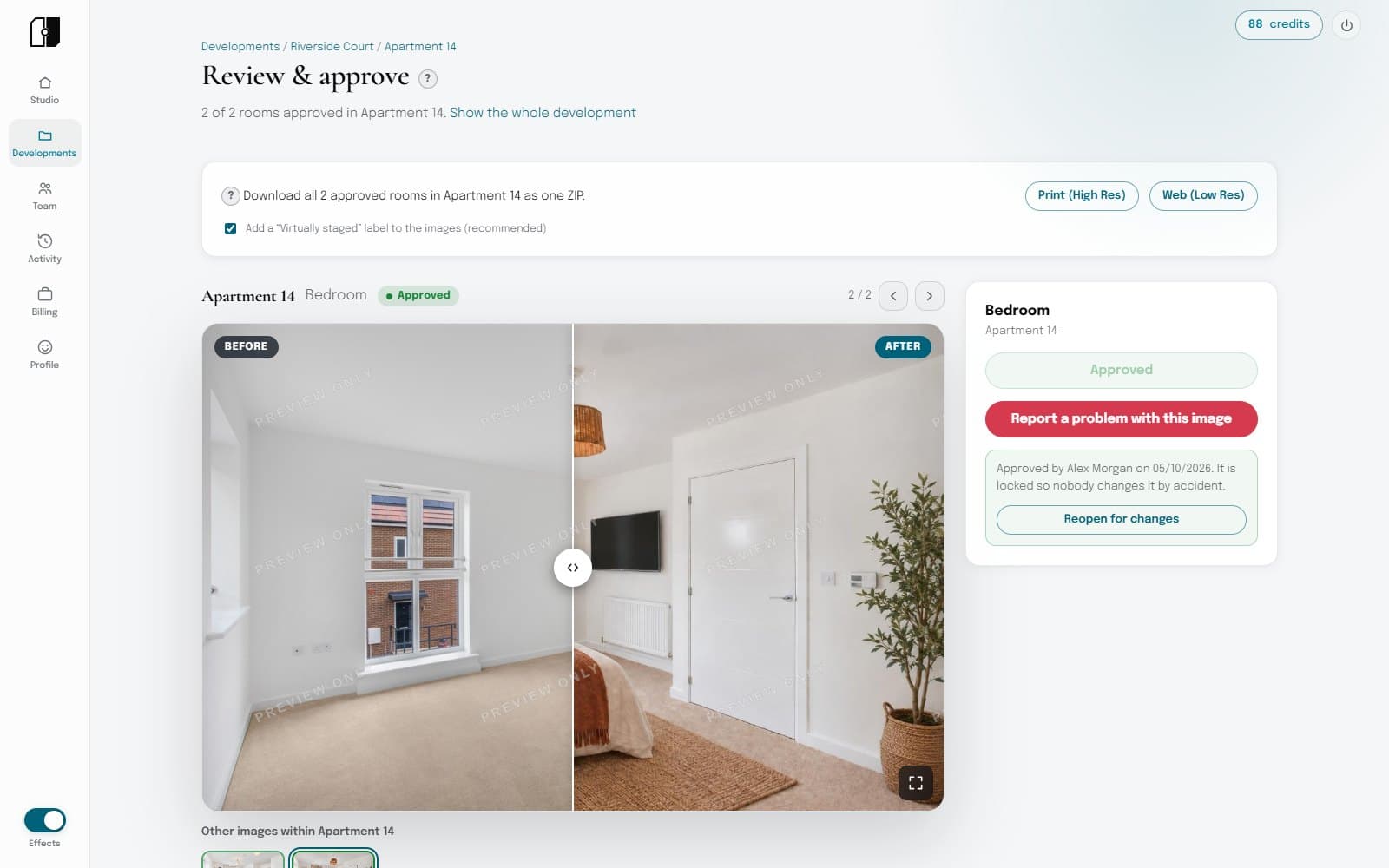 The review screen with an approved room and the ZIP download unlocked