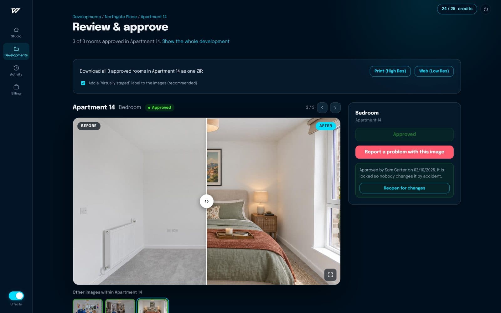 The review screen with an approved room and the ZIP download unlocked