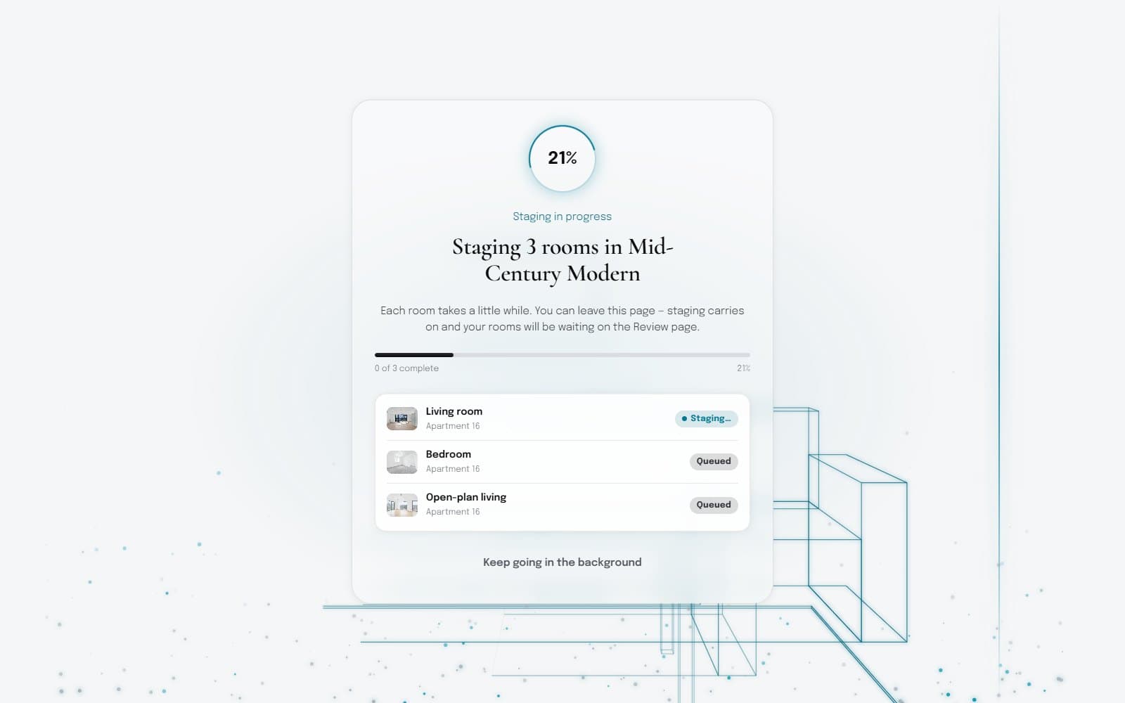 The live staging progress screen