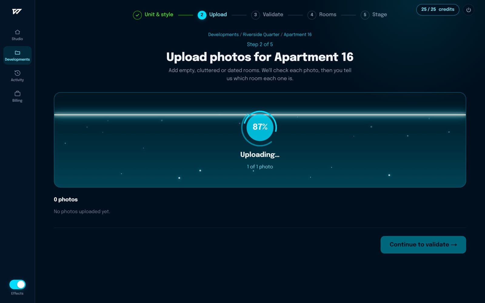 The upload screen with a real photo uploading